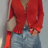 Solid Knit Button Ruffled Long-Sleeve Top>MICAS New