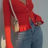 Solid Knit Button Ruffled Long-Sleeve Top>MICAS New