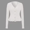 Solid Knit Button Ruffled Long-Sleeve Top>MICAS New