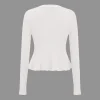 Solid Knit Button Ruffled Long-Sleeve Top>MICAS New