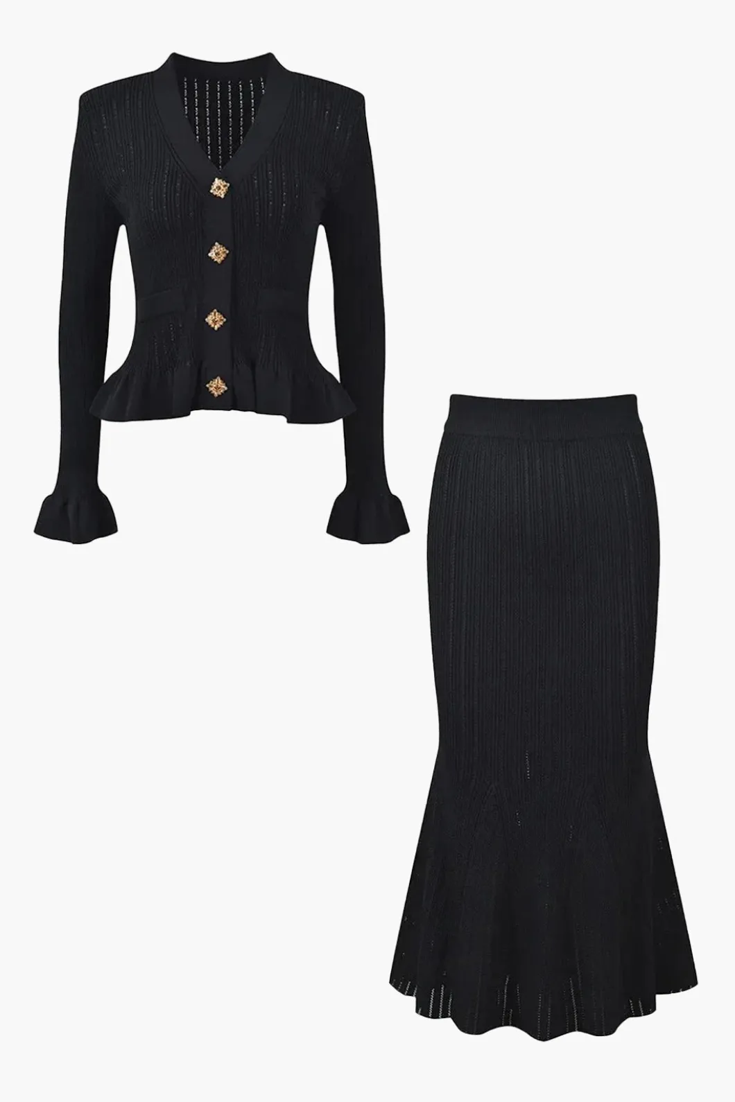 Solid Knit Button Top And Ruffle Mermaid Skirt Set>MICAS Discount
