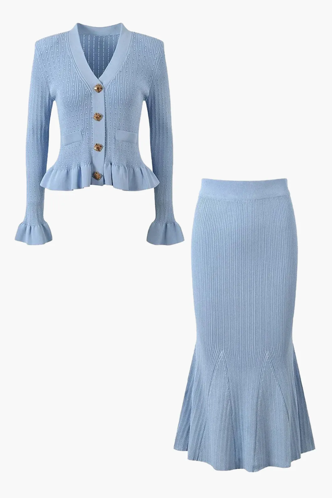 Solid Knit Button Top And Ruffle Mermaid Skirt Set>MICAS Discount