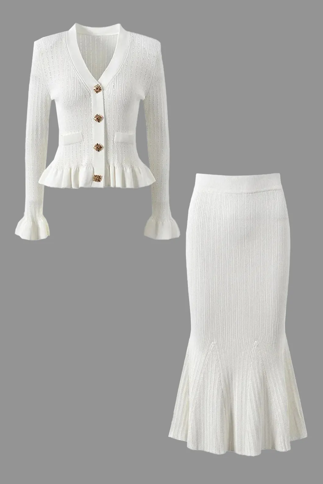 Solid Knit Button Top And Ruffle Mermaid Skirt Set>MICAS Discount
