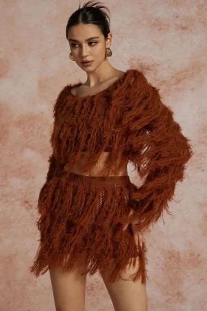 Solid Knit Fringe Long-Sleeve Top And Skirt Set>MICAS Clearance