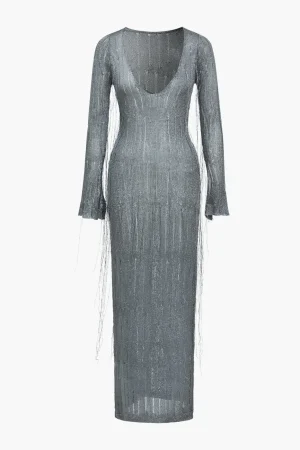 Solid Knit Fringe V-Neck Long Sleeve Maxi Dress>MICAS Sale