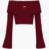 Solid Knit Metallic Off Shoulder Long-Sleeve Top>MICAS Hot