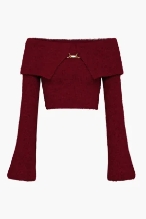 Solid Knit Metallic Off Shoulder Long-Sleeve Top>MICAS Hot