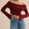 Solid Knit Metallic Off Shoulder Long-Sleeve Top>MICAS Hot