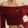 Solid Knit Metallic Off Shoulder Long-Sleeve Top>MICAS Hot