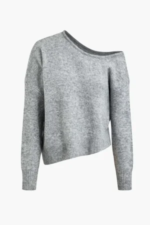 Solid Knit Off Shoulder Sweater Long-Sleeve Top>MICAS Discount