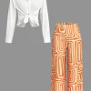 Solid Knot Shirt And Artistic Print Pants Set>MICAS Best