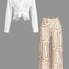 Solid Knot Shirt And Artistic Print Pants Set>MICAS Best