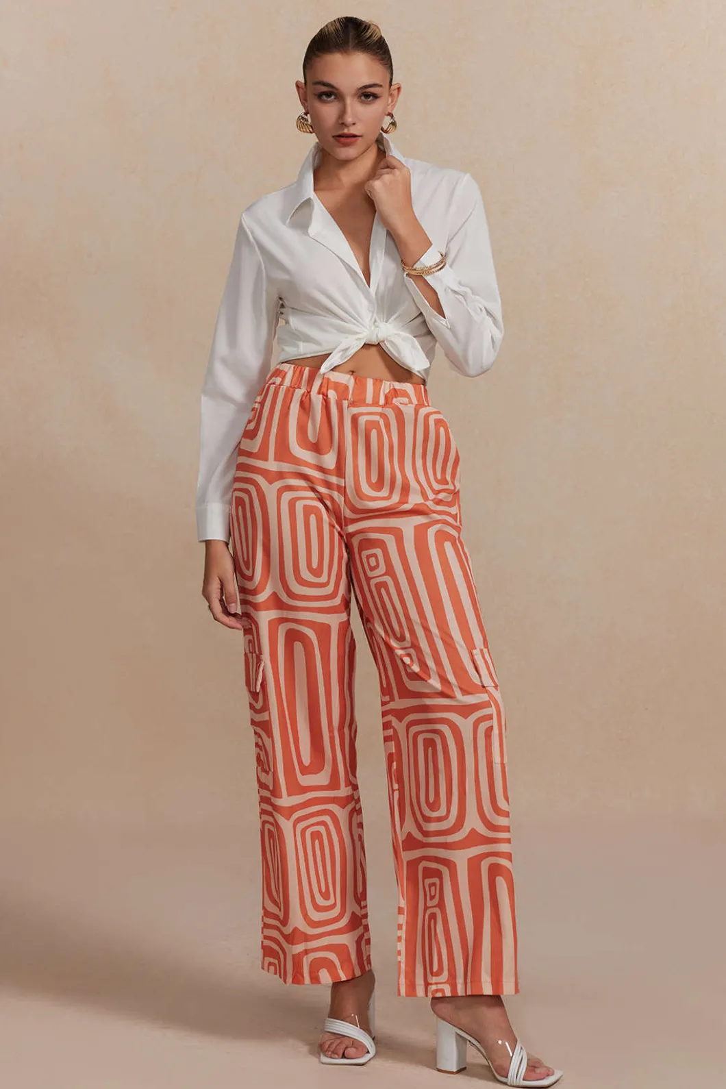 Solid Knot Shirt And Artistic Print Pants Set>MICAS Best