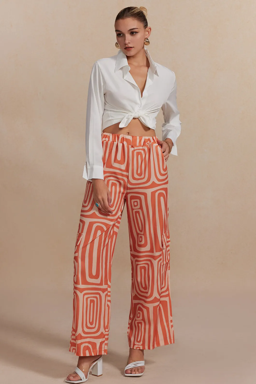 Solid Knot Shirt And Artistic Print Pants Set>MICAS Best