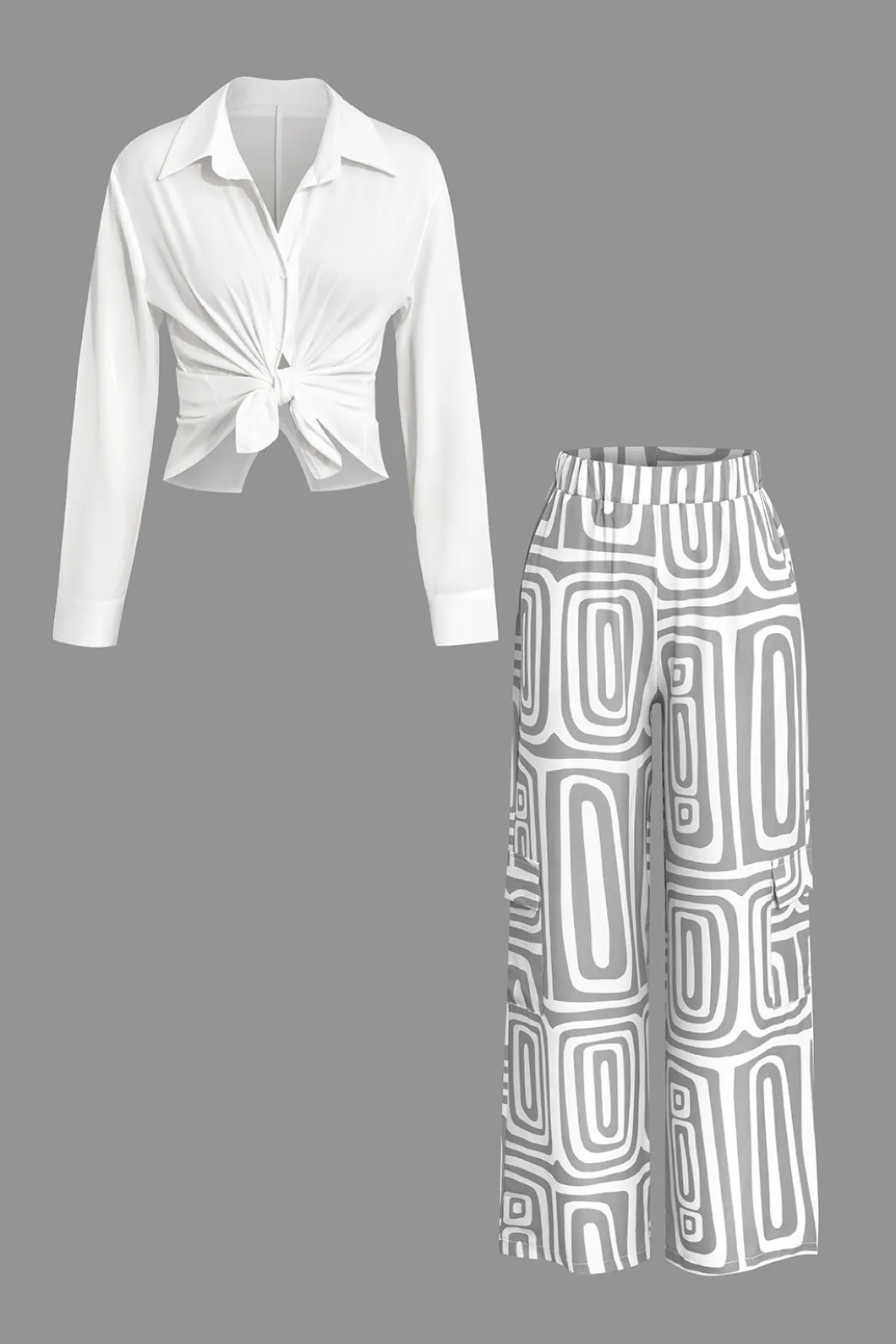 Solid Knot Shirt And Artistic Print Pants Set>MICAS Best