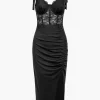 Solid Lace Slit Knotted Sheer Bustier Midi Dress>MICAS New