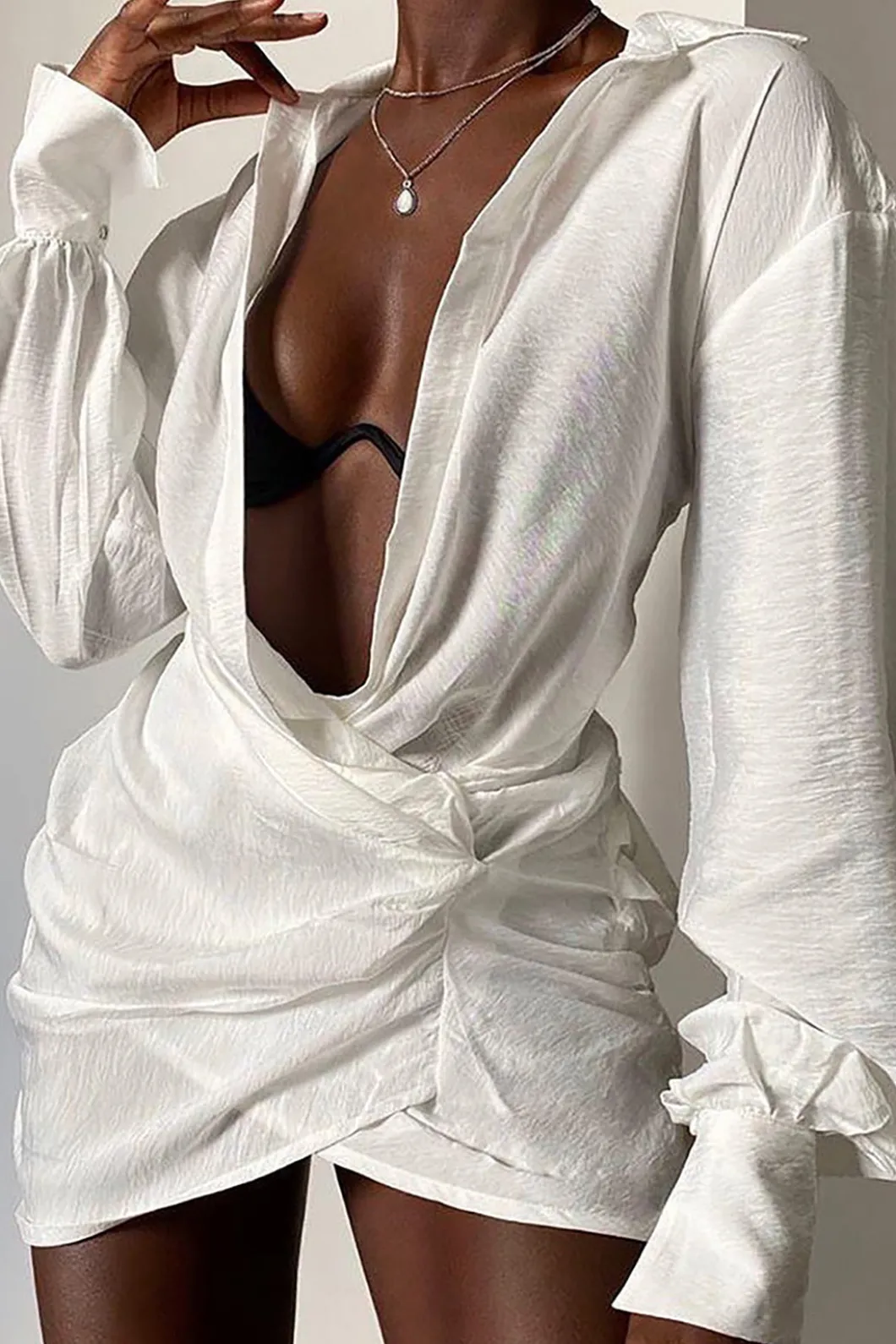 Solid Long Sleeve Deep V Mini Dress>MICAS Best