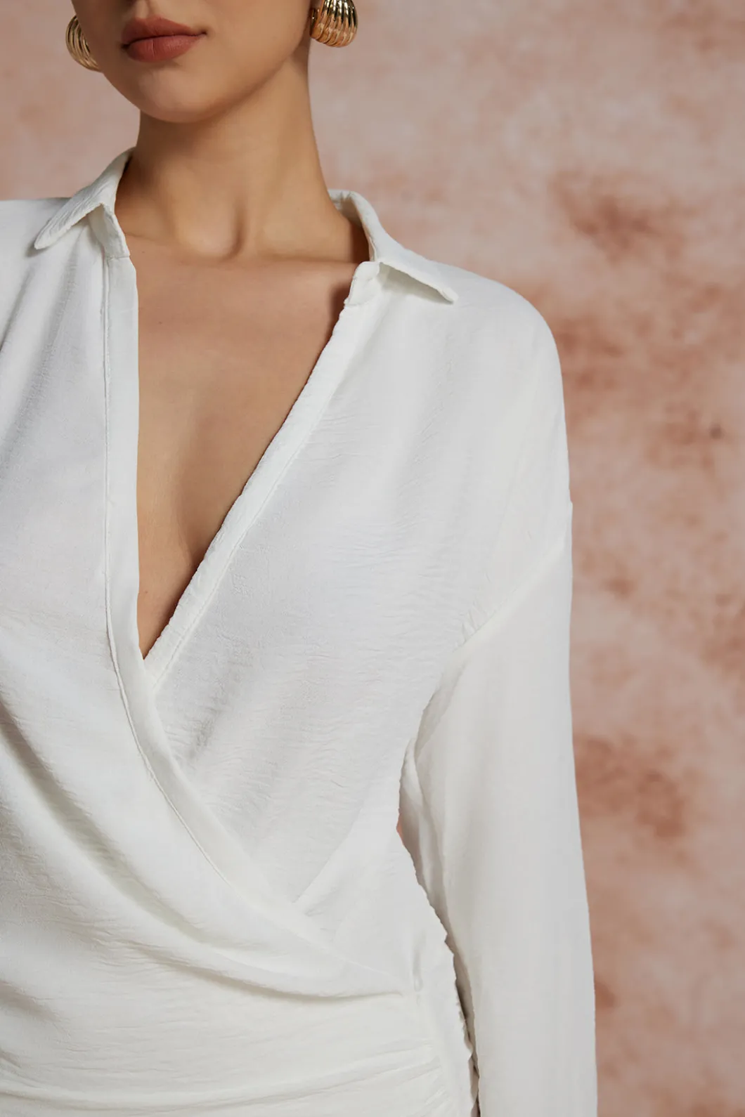 Solid Long Sleeve Deep V Mini Dress>MICAS Best