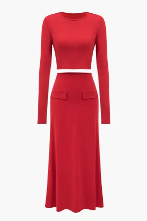 Solid Long Sleeve Top And Maxi Skirt Set>MICAS Best