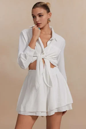 Solid Long-Sleeve Shirt And Ruffle Short Set>MICAS Fashion