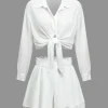 Solid Long-Sleeve Shirt And Ruffle Short Set>MICAS Fashion