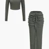 Solid Long-Sleeve Top And Drawstring Skirt Set>MICAS Online