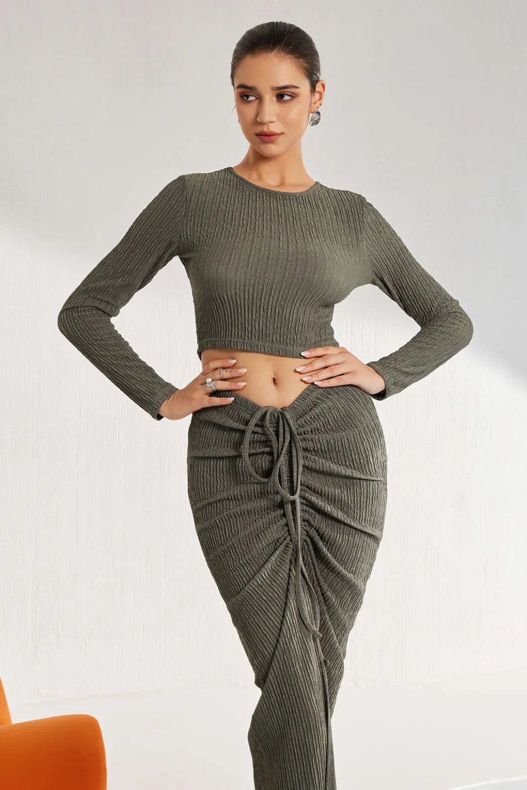 Solid Long-Sleeve Top And Drawstring Skirt Set>MICAS Online