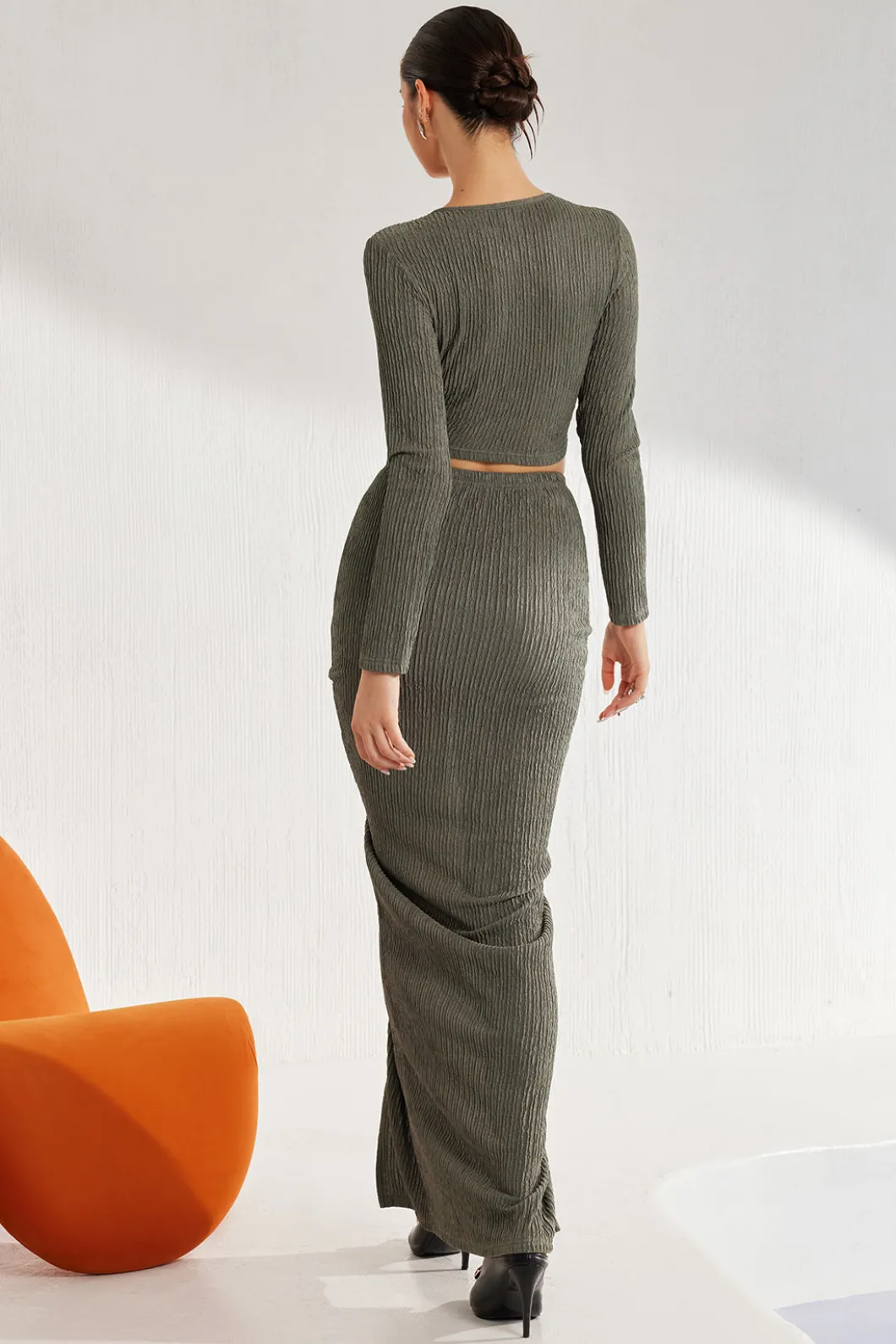 Solid Long-Sleeve Top And Drawstring Skirt Set>MICAS Online