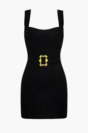 Solid Metallic Buckle Belted Mini Dress>MICAS New