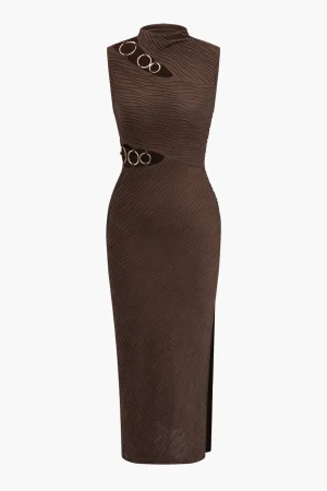 Solid Metallic Tank Cut Out Asymmetrical Midi Dress>MICAS Discount