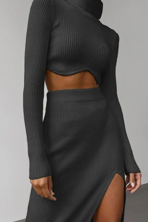 Solid Mock Neck Ribbed Knit Crop Top And Slit Skirt Set>MICAS Best