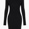 Solid Off Shoulder Button Round Neck Cut Out Mini Dress>MICAS Outlet