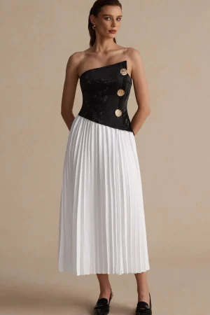 Solid Patchwork Pleated Asymmetrical Maxi Dress>MICAS New
