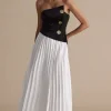 Solid Patchwork Pleated Asymmetrical Maxi Dress>MICAS New
