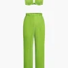 Solid Pleated Crop Bustier Top And Trousers Set>MICAS Outlet