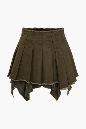 Solid Pleated Denim Mini Skirt>MICAS Online