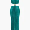 Solid Pleated Slit Maxi Dress>MICAS Discount