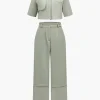 Solid Pocket And Zipper Detail Trouser Set>MICAS Fashion