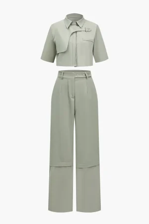 Solid Pocket And Zipper Detail Trouser Set>MICAS Fashion