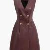 Solid PU Leather Button Mini Dress>MICAS New