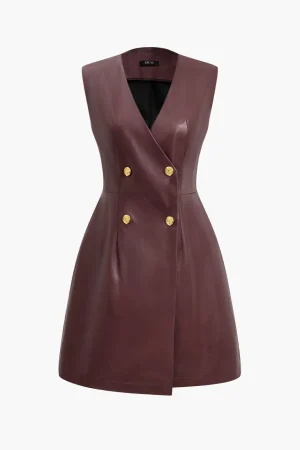 Solid PU Leather Button Mini Dress>MICAS New