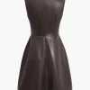 Solid PU Leather Button Mini Dress>MICAS New
