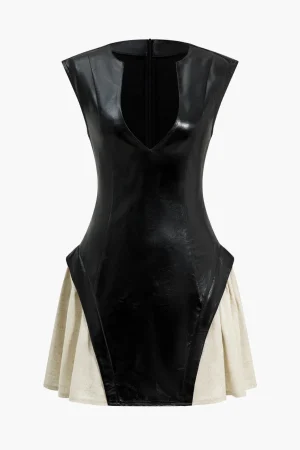 Solid Pu Patchwork Ruched Zipper Mini Dress>MICAS Online