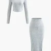 Solid Rib Knit Round Neck Long Sleeve Top And Slit Skirt Set>MICAS Clearance