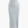 Solid Rib Knit Round Neck Long Sleeve Top And Slit Skirt Set>MICAS Clearance