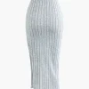 Solid Rib Knit Round Neck Long Sleeve Top And Slit Skirt Set>MICAS Clearance