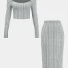 Solid Ribbed Long Sleeve Cut Out Top And Skirt Set>MICAS New