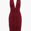 Solid Ruched Backless V-neck Midi Dress>MICAS Online