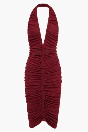 Solid Ruched Backless V-neck Midi Dress>MICAS Online