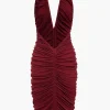 Solid Ruched Backless V-neck Midi Dress>MICAS Online